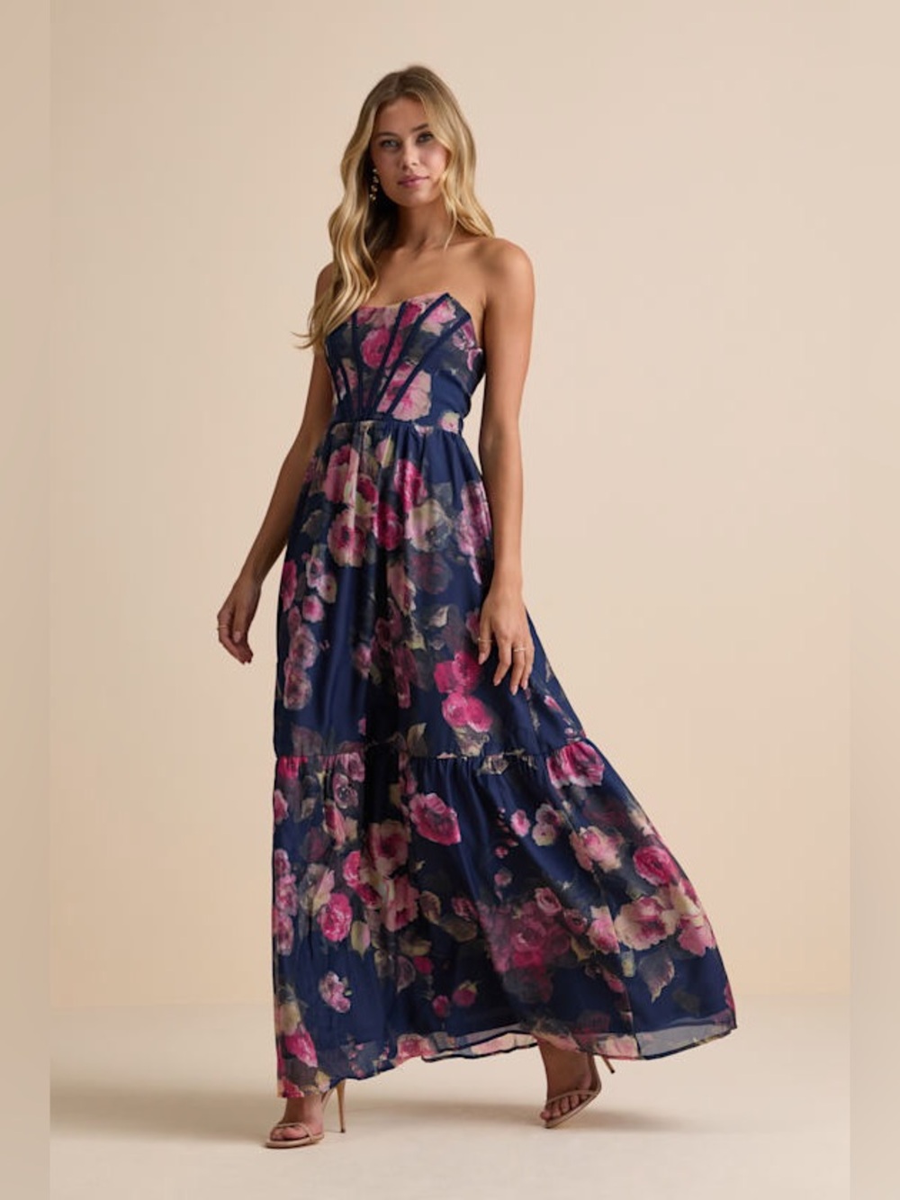 Lulus Roane Navy Floral Organza Bustier Maxi Dress Size M NWT - Picture 3 of 12